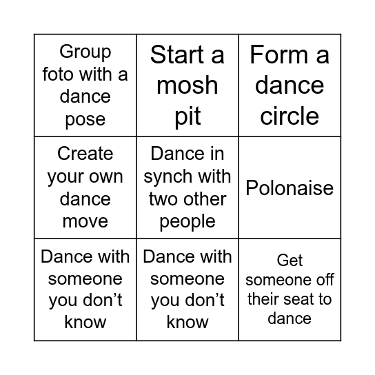 Dancefloor Bingo Card