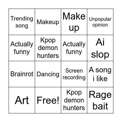 Yt shorts bingo Card