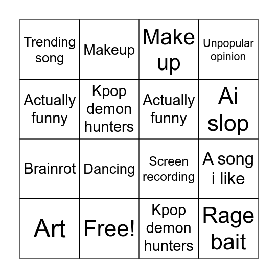 Yt shorts bingo Card