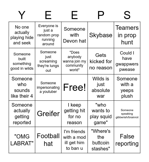 YEEPY YEEPO Bingo Card