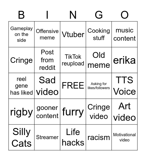 Instagram Reels bingo Card