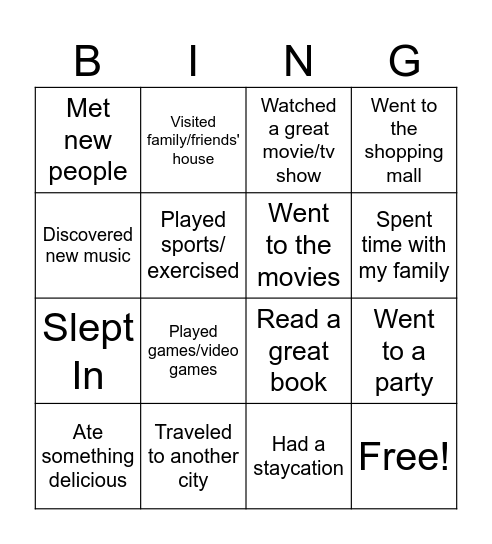 During my vacation I... Bingo Card