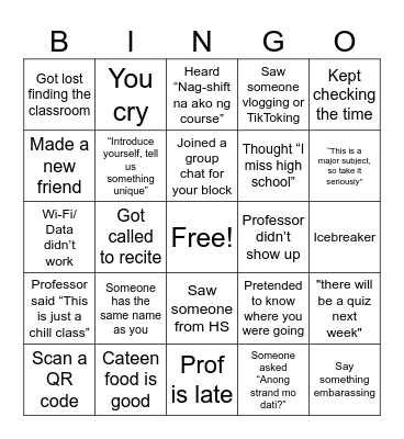 first day ng college Bingo Card