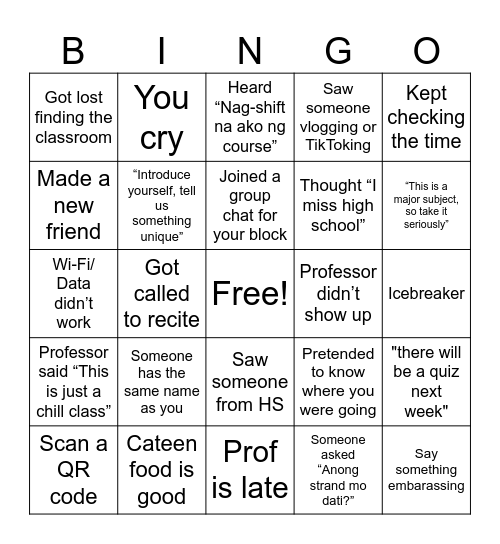first day ng college Bingo Card
