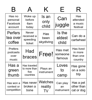 Baker Bingo Card