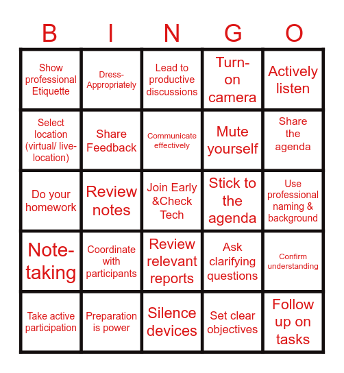 The MeeTings!! Bingo Card