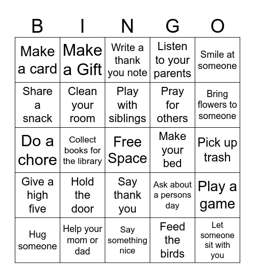 Acts of Service Bingo Card