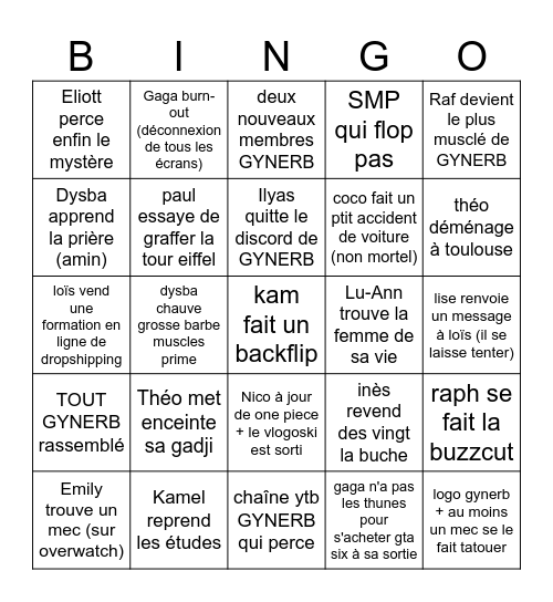 BINGO GYNERB DEUX MILLE VINGT SIX Bingo Card