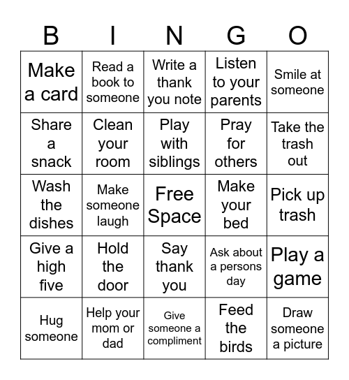 Acts of Service Bingo Card