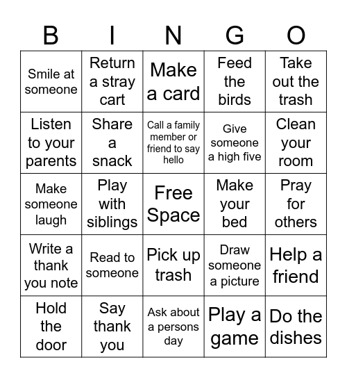 Acts of Service Bingo Card