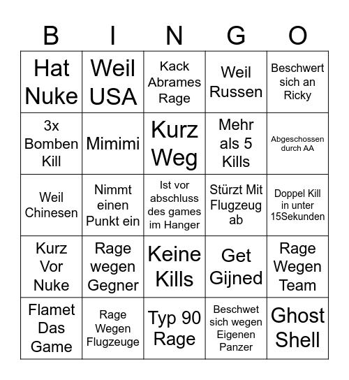 Death WarTunder Bingo Card