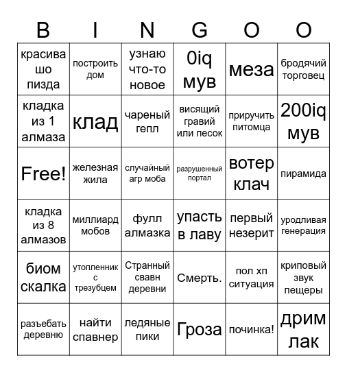Minecraft bingo Card