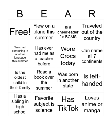 School Bingo: Bear Creek Edition Bingo Card