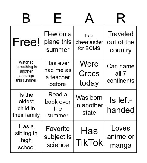 School Bingo: Bear Creek Edition Bingo Card