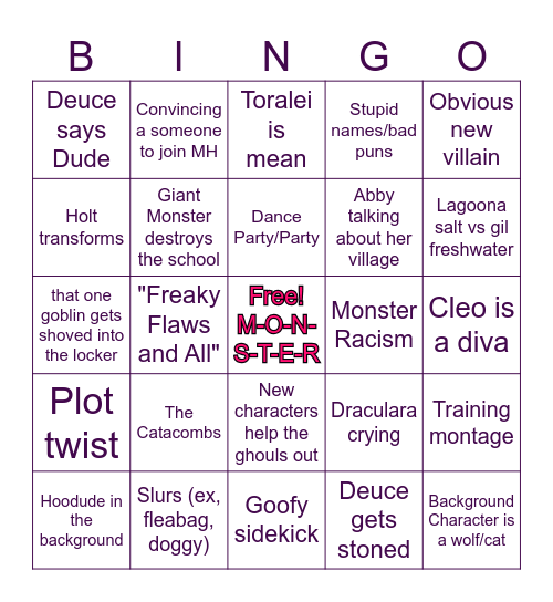Monster High Bingo Card