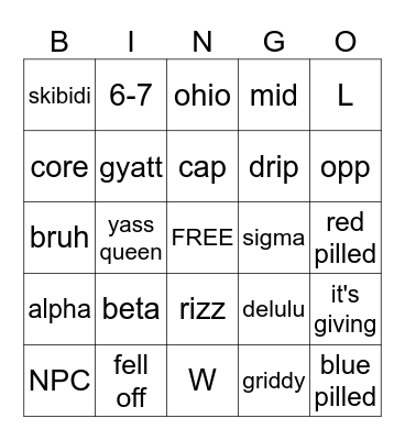 gen alpha bingo Card