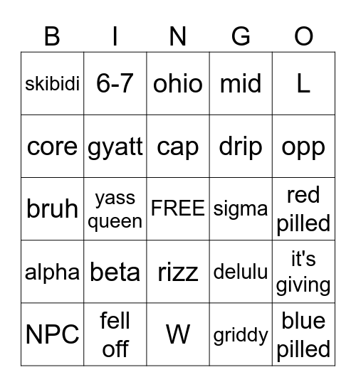 gen alpha bingo Card