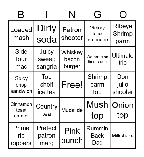 Applebees Bingo Card