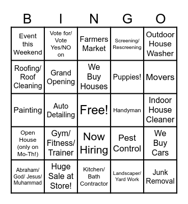 Yard Sign Bingo Card