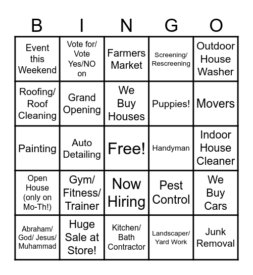 Yard Sign Bingo Card
