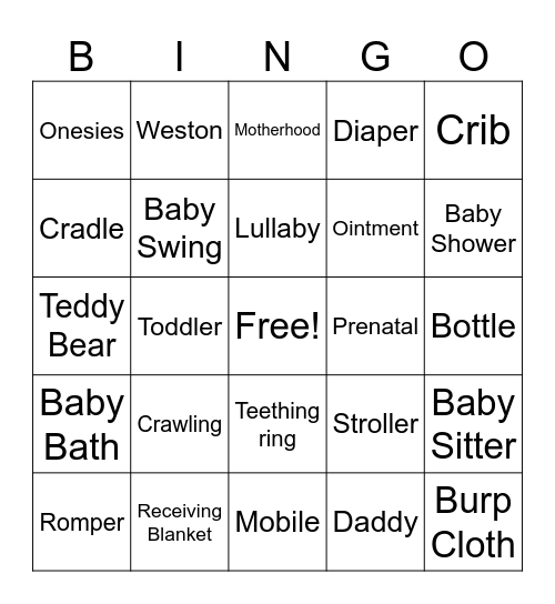 Katelynn's Baby Shower Bingo Card