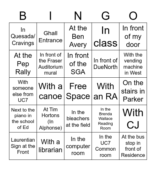 Selfie Bingo Card