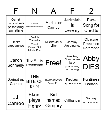 FNAF MOVIE 2 Predictions Bingo Card