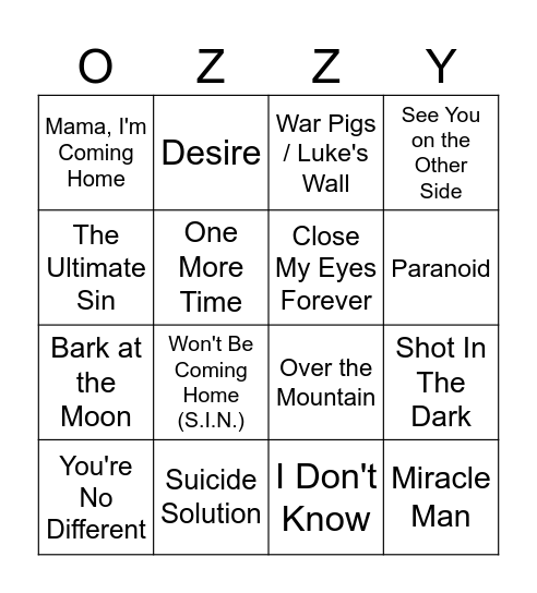 OZZY BINGO Card