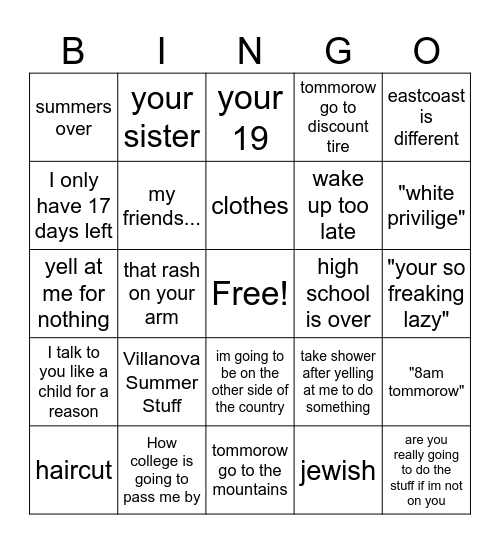 DAD Bingo Card