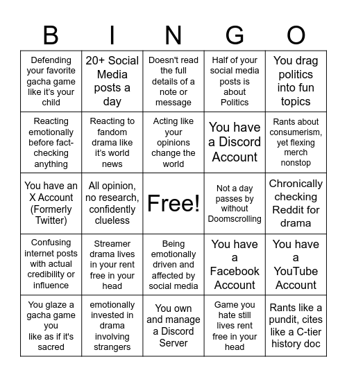 Terminally Online Bingo Card