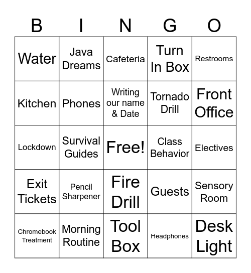 Classroom Procedures Bingo Card