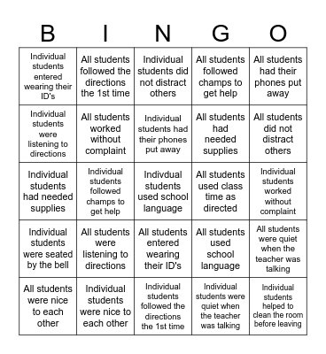 PBIS DOJO Reward System Bingo Card