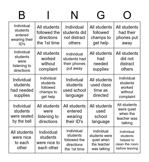 PBIS DOJO Reward System Bingo Card