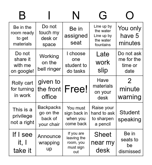 Classroom Expectations Bingo Card