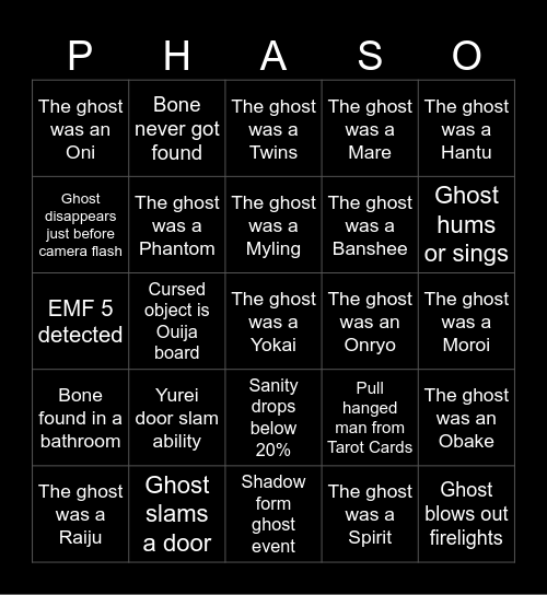 Phasmophobia bingo Card