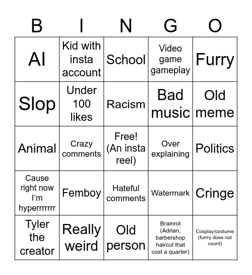 Instagram reels bingo Card