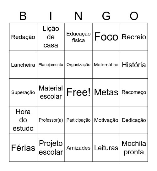 Bingo de volta às aulas Bingo Card