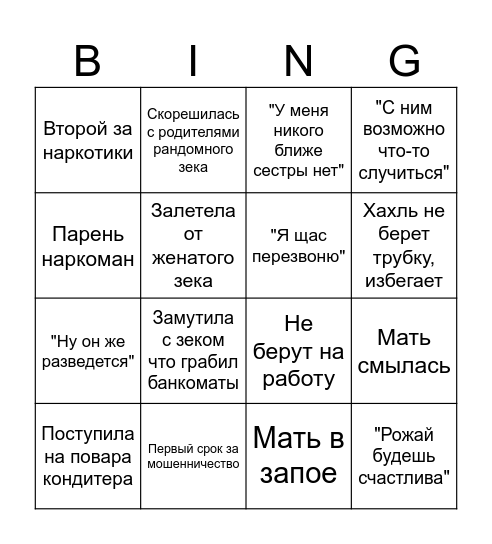Ольга 31 год бинго Bingo Card