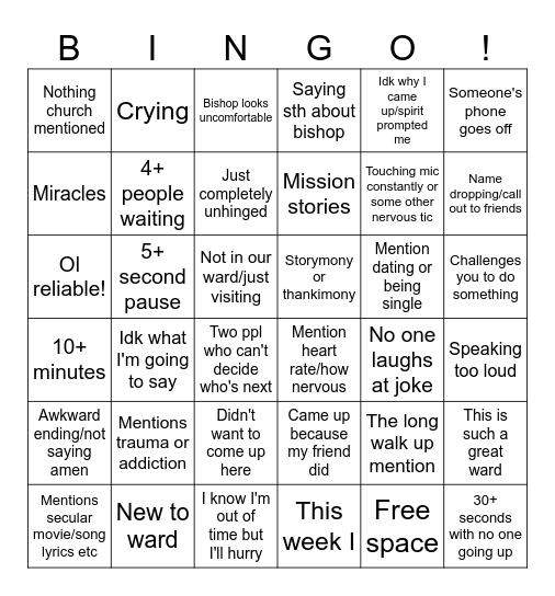 Testimony Bingo Card