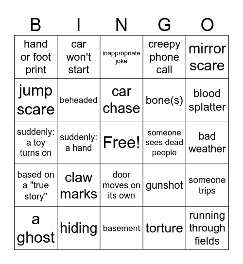 Horror movie tropes Bingo Card
