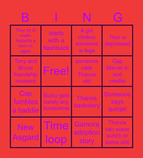 INFINITY WAR Bingo Card