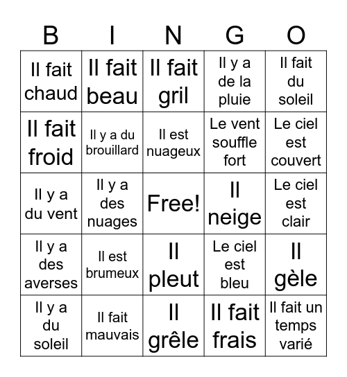 La météo Bingo Card