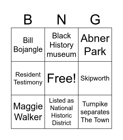 Jackson Ward History BINGO Card Bingo Card