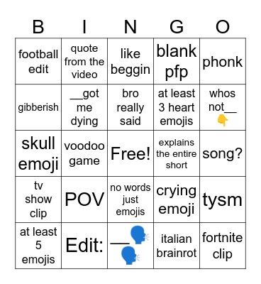 Youtube Shorts bingo Card