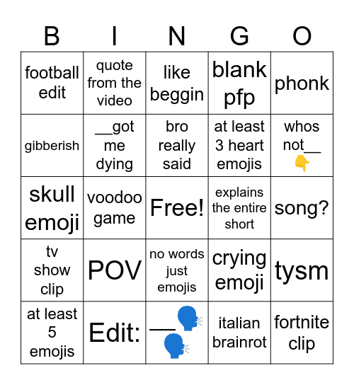 Youtube Shorts bingo Card