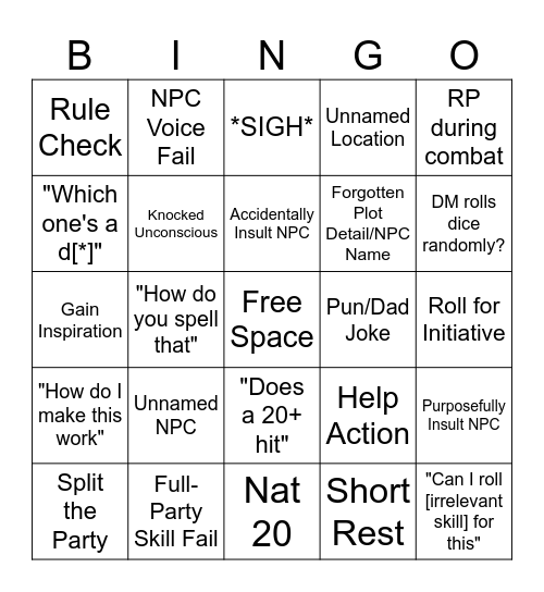 Dungeons & Dragons Bingo Card