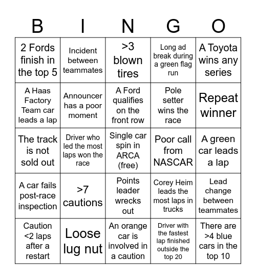 NASCAR Weekend Bingo Card