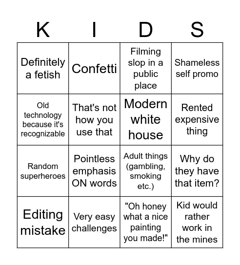 YouTube Kids Bingo Card