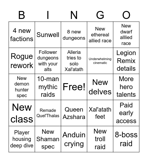 WoW: Midnight Bingo Card