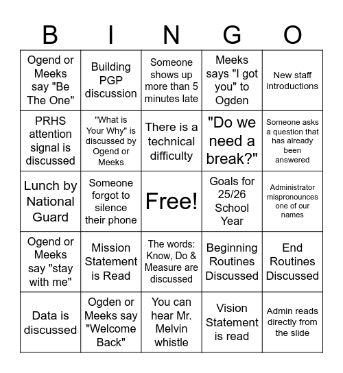 BACK TO SCHOOL PD Bingo Card